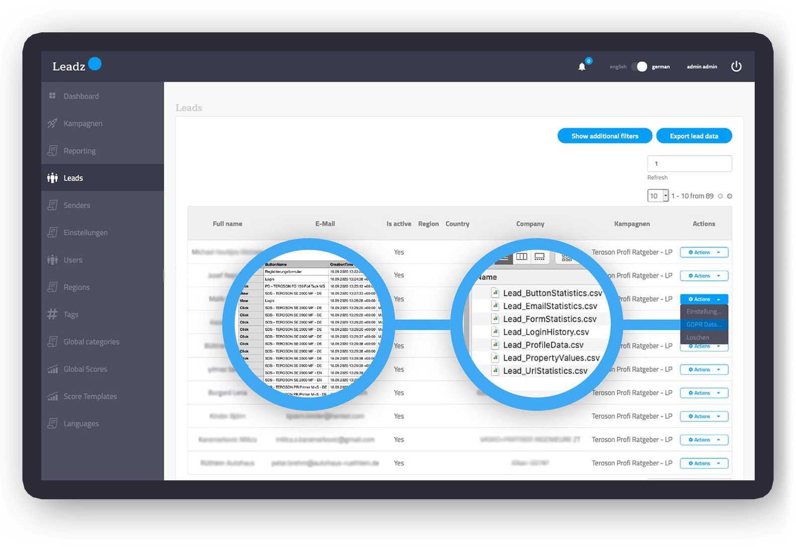 Screenshot der Lead Management Software Leadz Core zeigt DSGVO konforme Registrierungen.