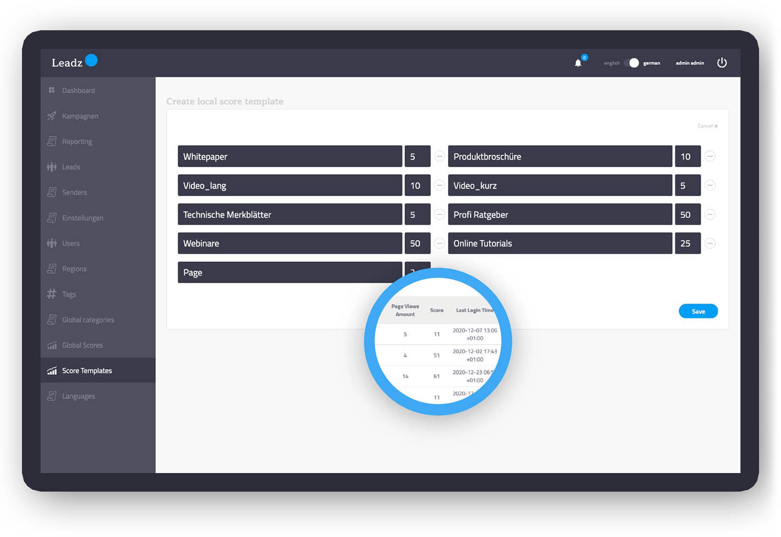 Screenshot der Lead Management Software Leadz Core zeigt Lead Qualifying.