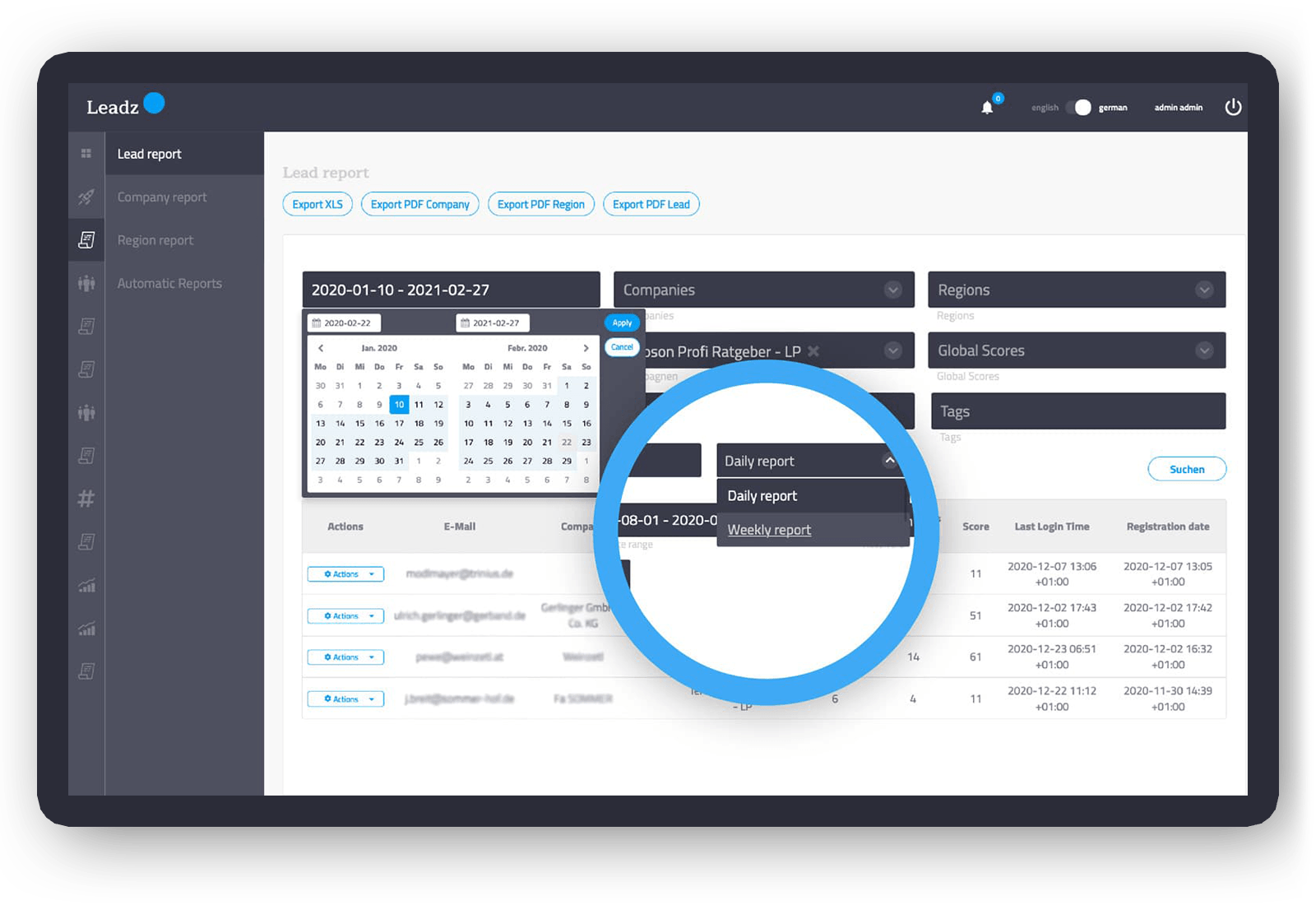 Screenshot der Lead Management Software Leadz Core zeigt individuelle und automatisierte Reportings.