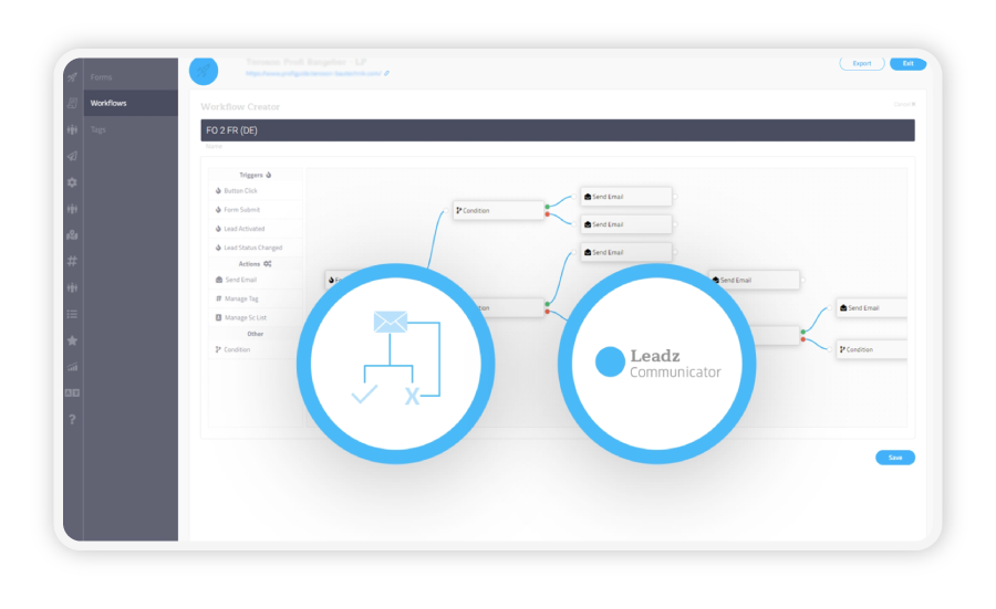 Screenshot der Lead Management Software Leadz Core zeigt Campaign Automation Funktionen.